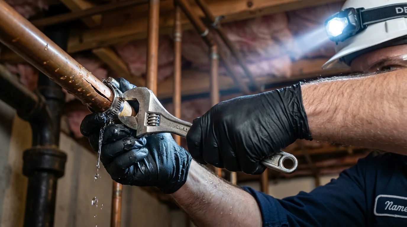 Emergency pipe clamp repair being performed by a Johns Plumbing LLC plumber in Carnegie